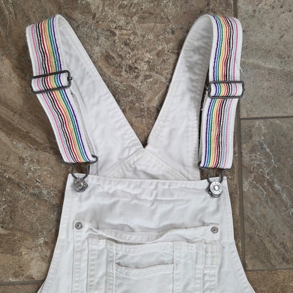 American Eagle Outfitters‎ White Denim Tomgirl Shortalls Rainbow Strap Size S - Picture 4 of 7